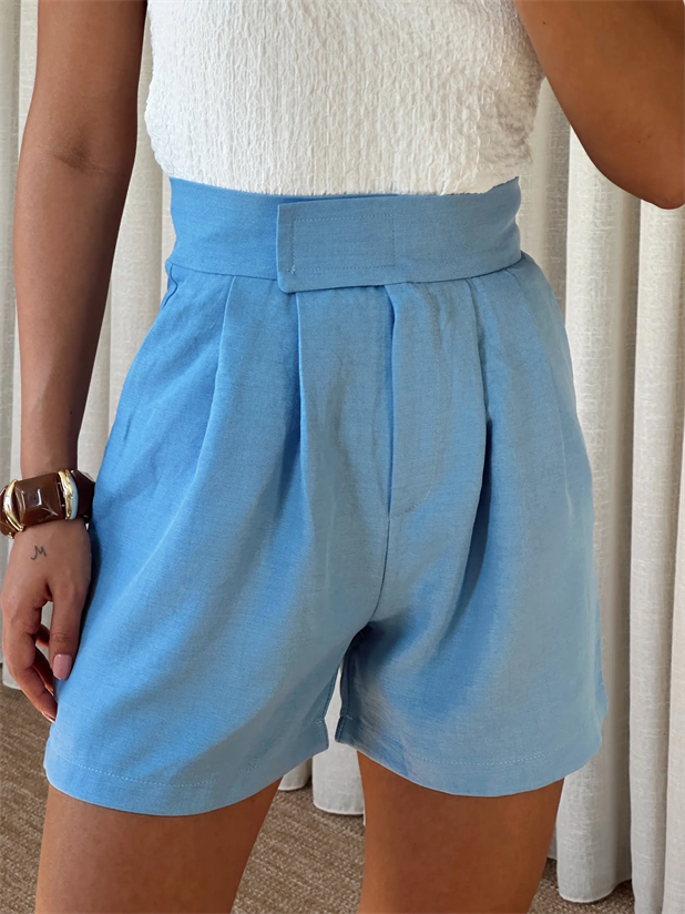 Cırtlı Keten Şort - Mavi
