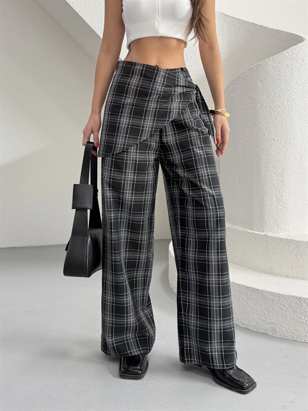 Bel Fular Detay Ekose Pantolon - Siyah