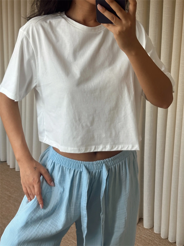 Düz Kısa Kol Crop Basic - Beyaz