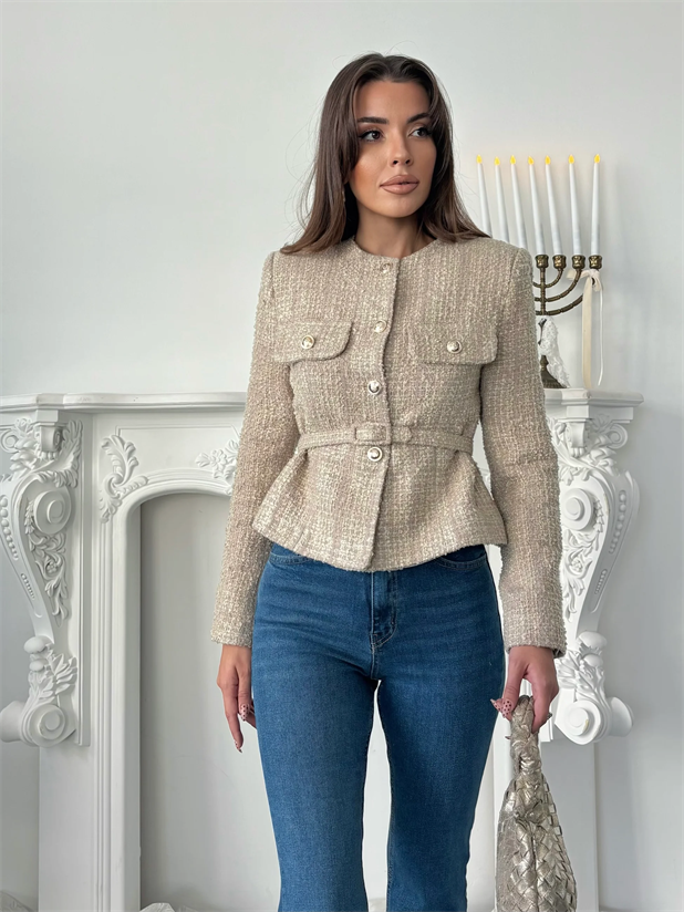 Kemer Detaylı Düğmeli Ceket - Bej