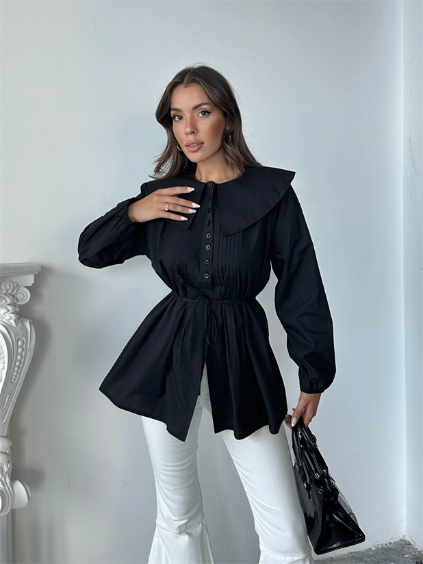 Geniş Yaka Poplin Gömlek - Siyah