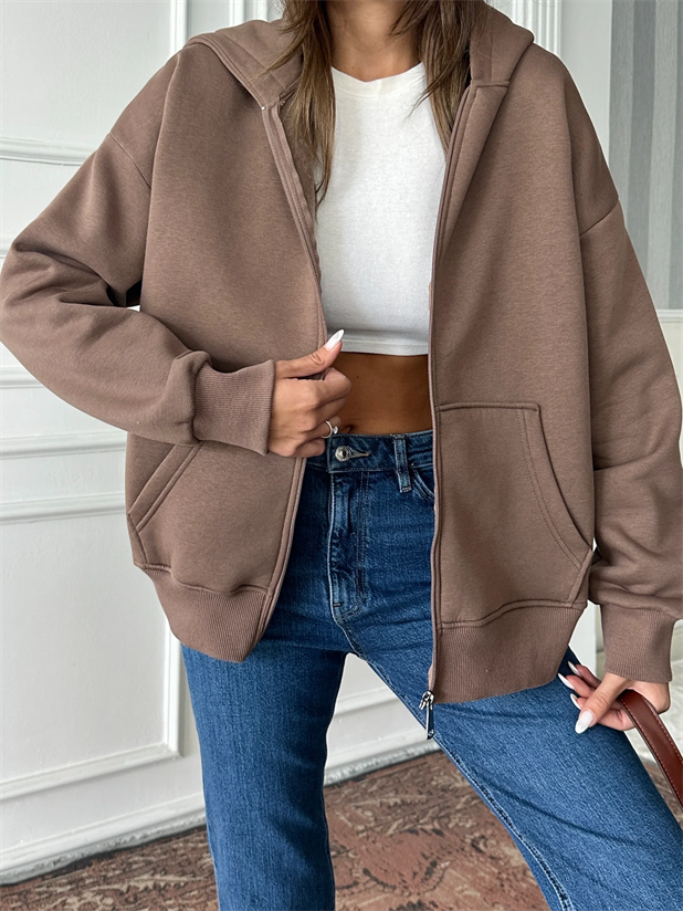 Fermuarlı Cepli Sweat - Kahve