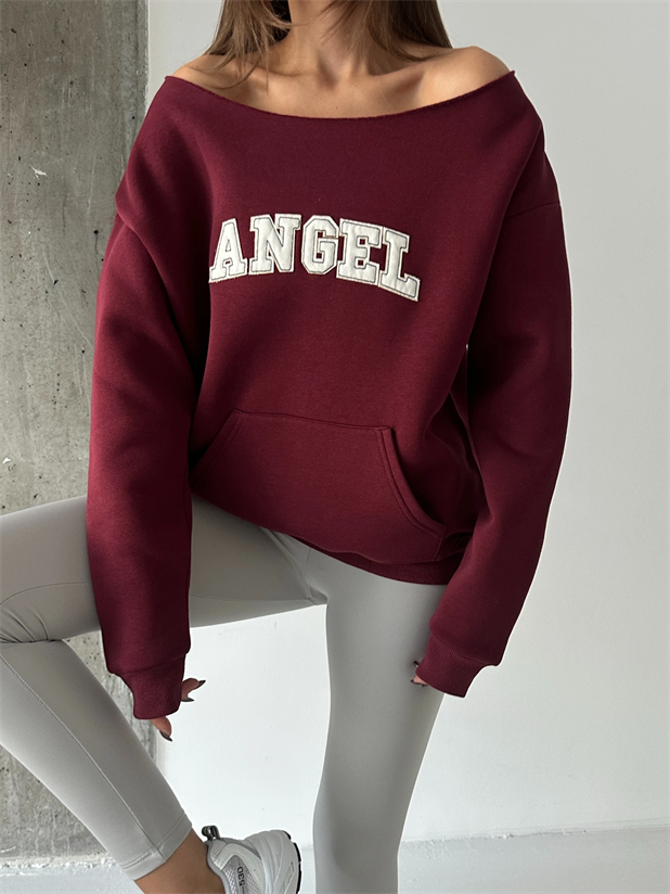 Angel Nakışlı Kayık Yaka Sweat - Bordo