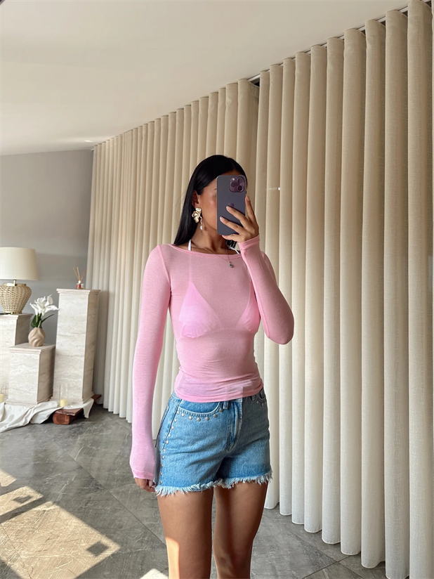 Kayık Yaka Transparan Bluz  - Pudra Pembe