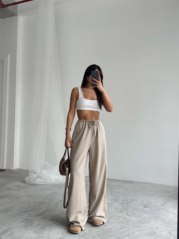 İnce Kemerli Salaş Pantolon - Taş