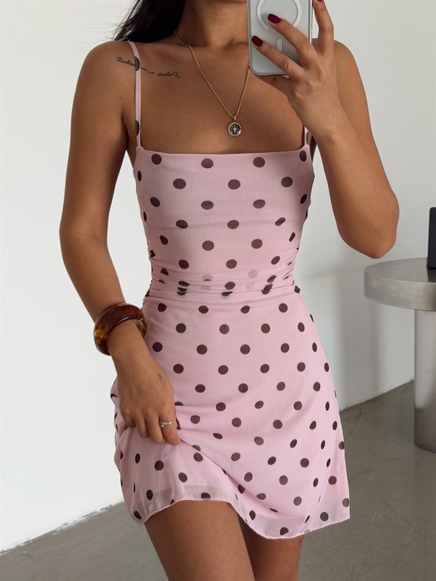 Drapeli Puantiye Mini Elbise - Pembe