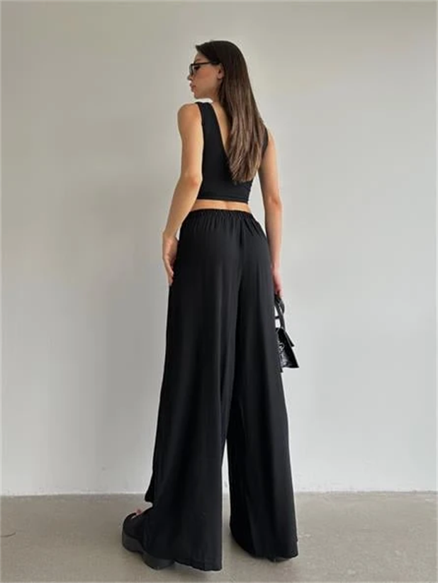 Bel Lastik Tiril Palazzo Pantolon Siyah - Siyah
