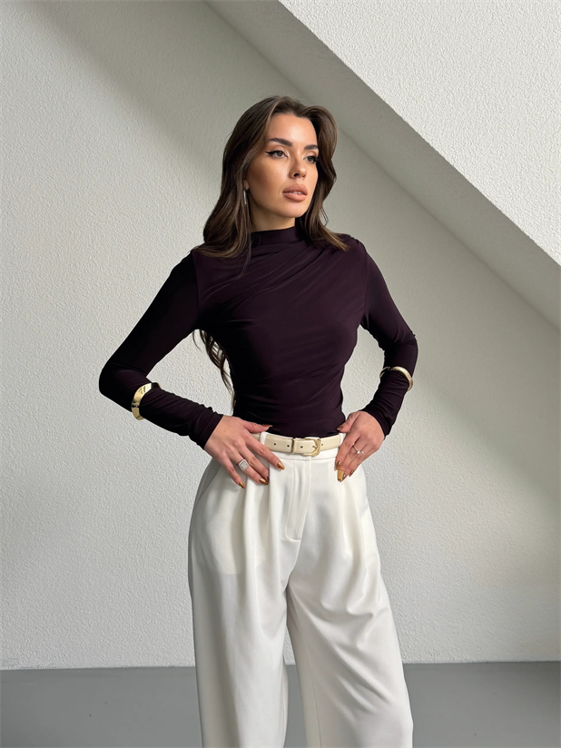 Dik Yaka Drapeli Uzun Kol Bluz - Mürdüm