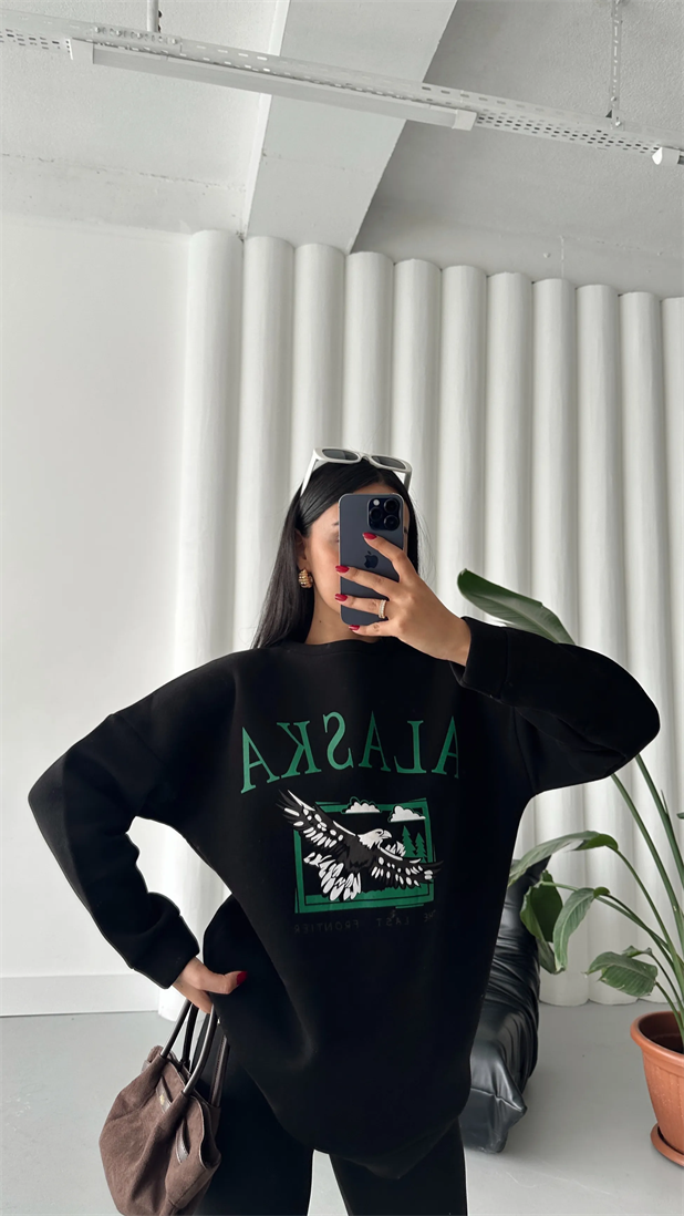 Alaska Üç İplik Şardonlu Oversize Sweat Siyah - Siyah