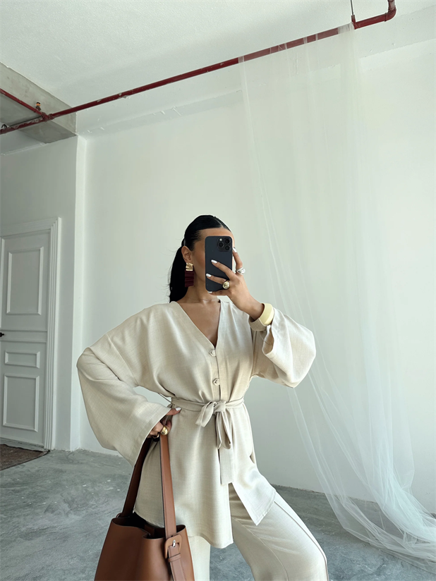 Düğme Detay Kuşaklı Kimono Takım - Krem