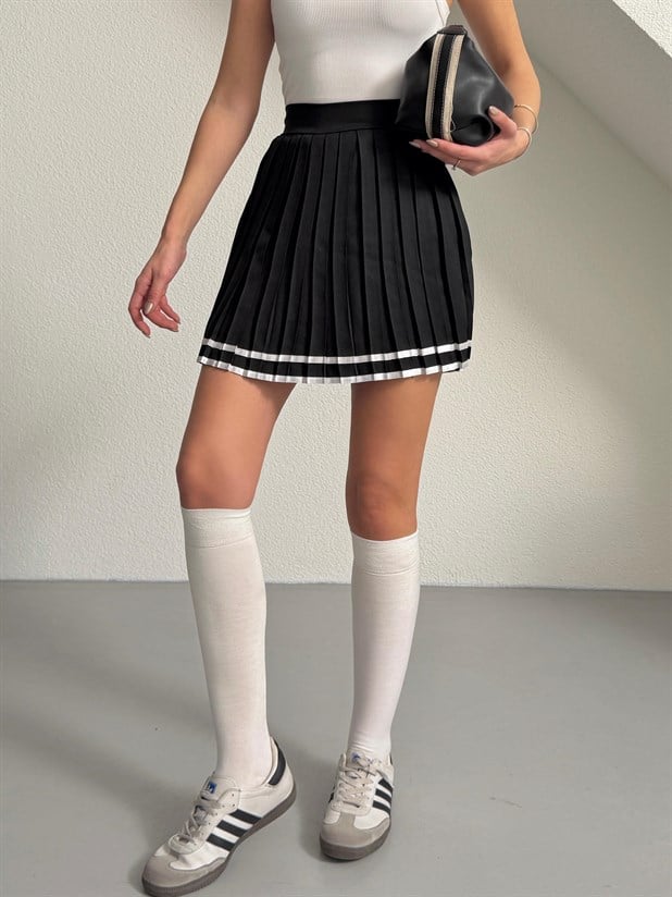Altı Çizgili Şort Etek - Siyah