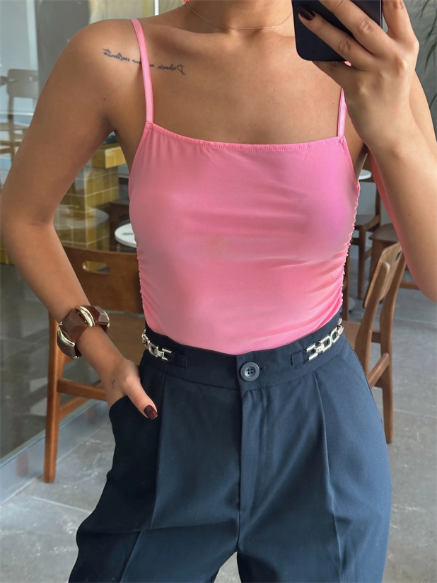Yan Büzgülü Bodysuit Pembe - Pembe
