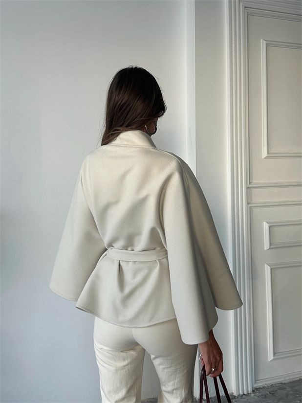 Kaşe Kuşaklı Pelerin Kaban - Taş