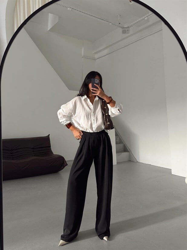 Pileli Geniş Paça Pantolon  - Siyah