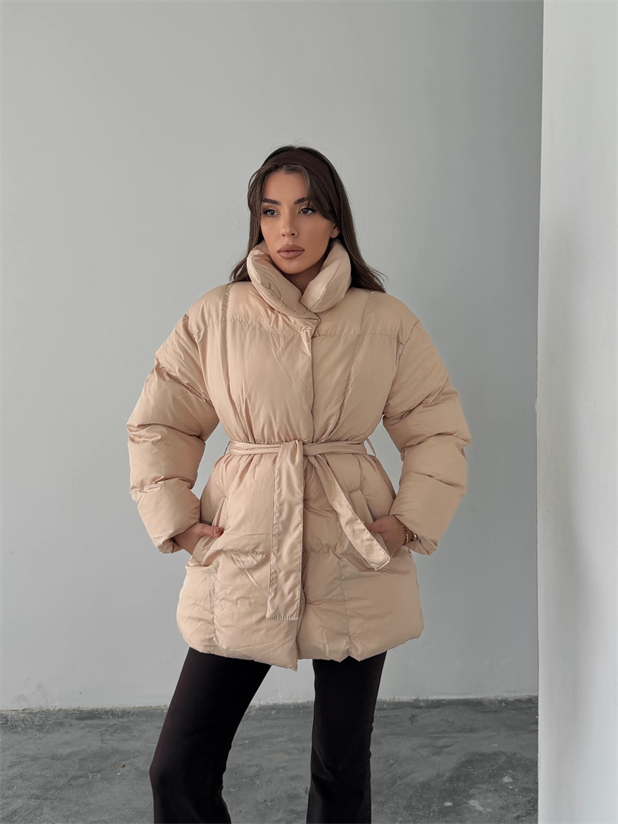 Kuşaklı Şişme Mont  - Bej