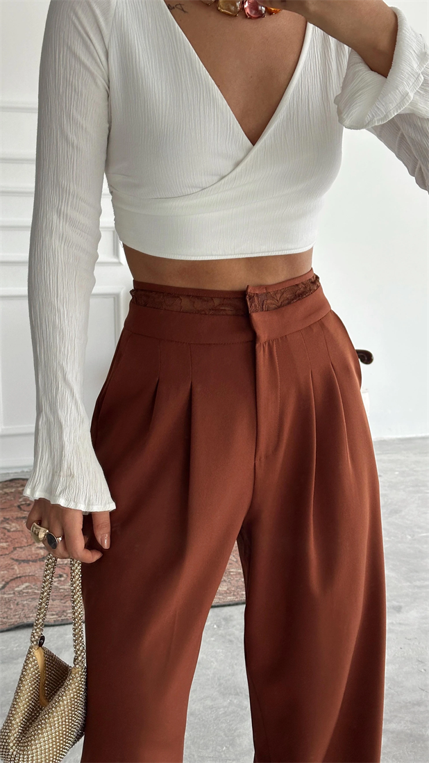 Kemeri Dantel Detaylı Palazzo Pantolon  - Kiremit