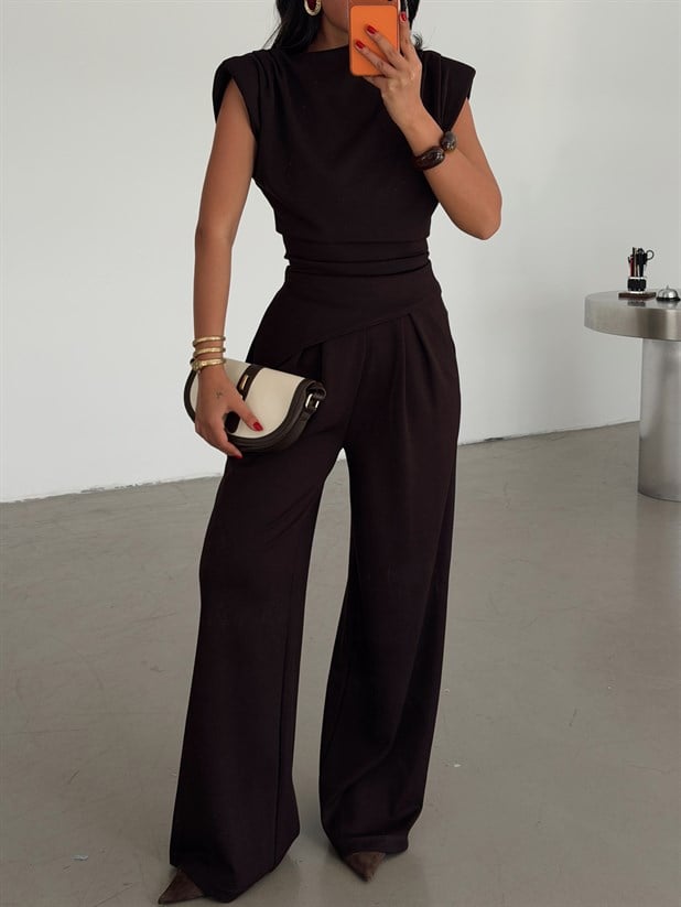 Vatkalı Asimetrik Modal Takım - Kahve