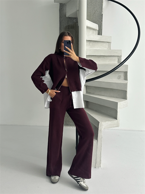 Poplin Fermuarlı Triko Takım - Mürdüm