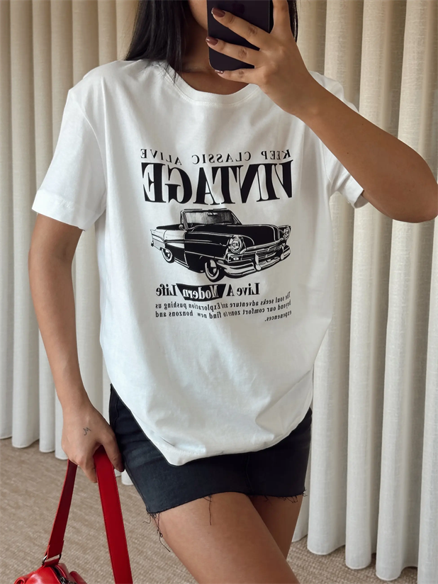 Vintage Car Baskı Basic - Beyaz