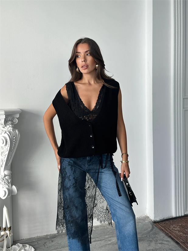 Dört Düğme Selanik Yelek - Siyah