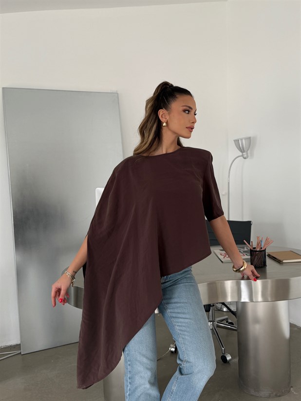 Vatkalı Asimetrik Bluz - Kahve