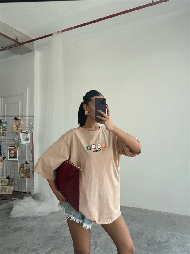 Fruit Nakış Basic T-shirt Vizon - Vizon