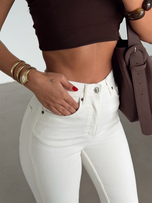 Yüksek Bel İspanyol Paça Jean - Ekru