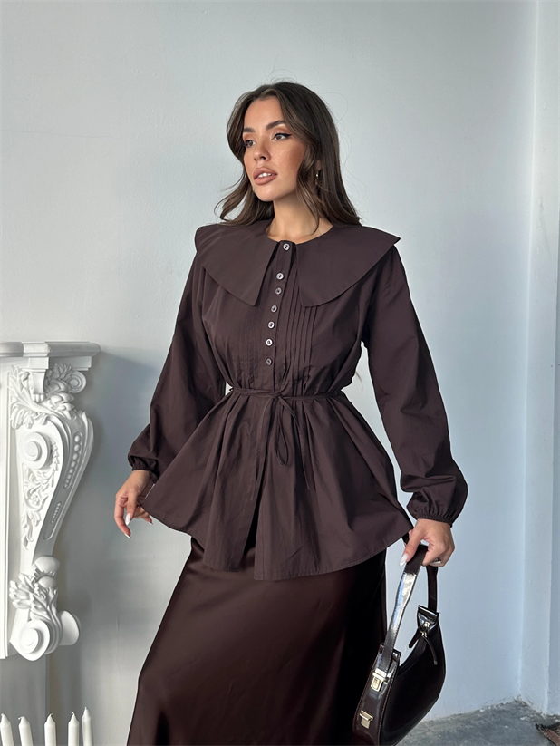 Geniş Yaka Poplin Gömlek - Kahve