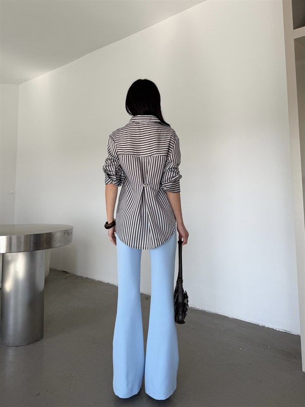 Çizgili Kol Manşet Detaylı Gömlek - Kahve