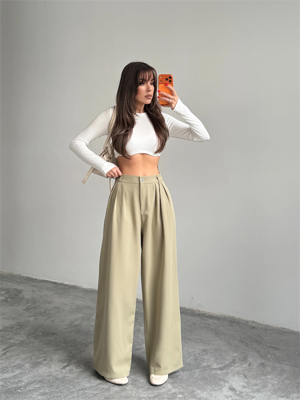 Üç Pile Palazzo Pantolon - Çağla Yeşili