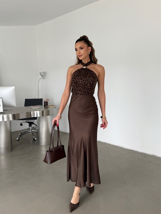 Toka Detaylı Leopar Bluz - Kahve