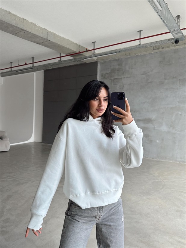 Kapüşonlu Sweatshırt - Beyaz