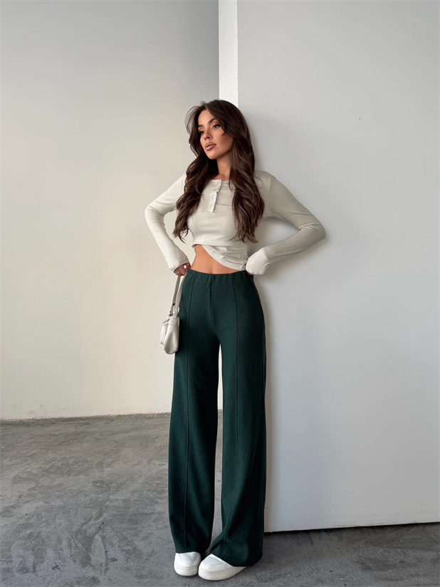 Çimalı Bel Lastik Selanik Pantolon - Zümrüt Yeşili