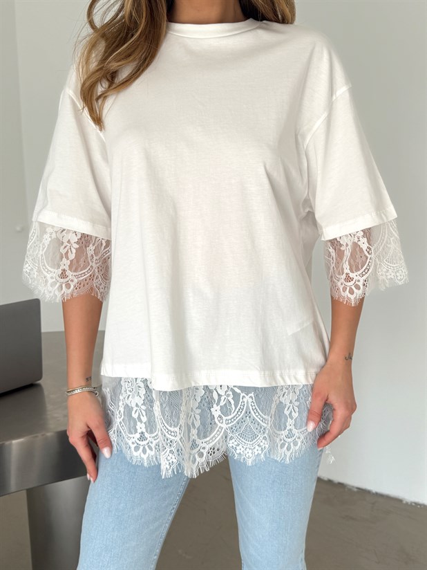 Sırtı Dantel Detaylı T-shirt - Beyaz