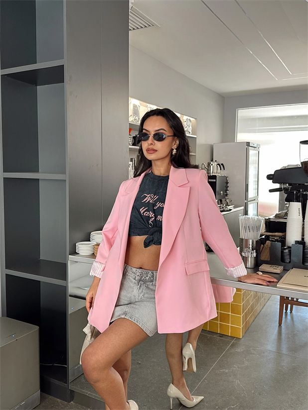 Astar Detaylı Kulplu Ceket  - Pudra Pembe