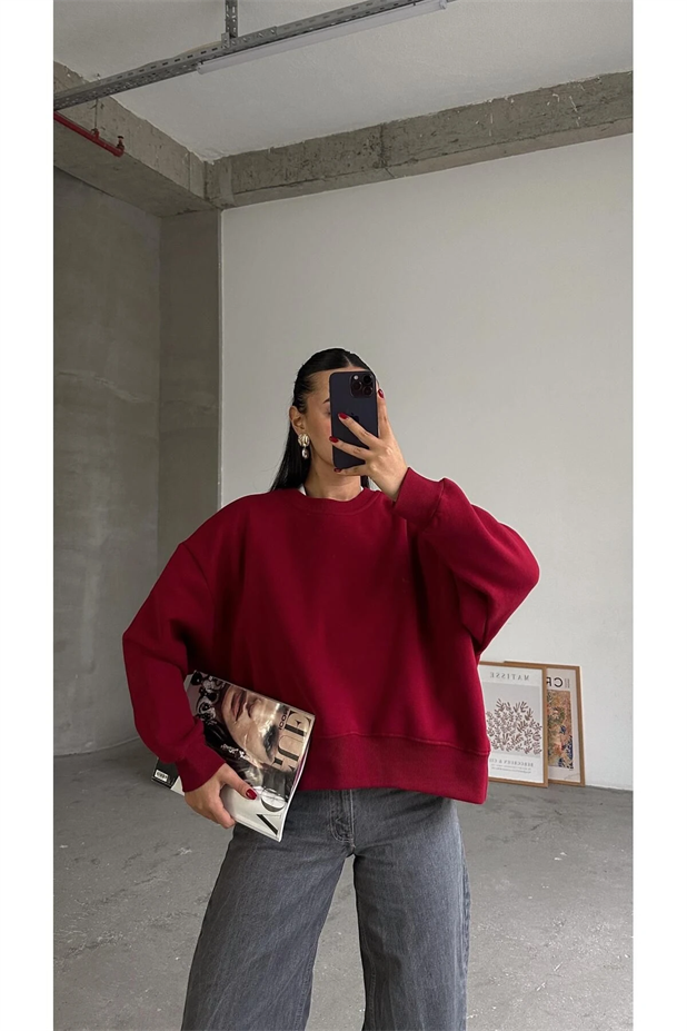 Sage Bisiklet Yaka Sweatshirt Bordo - Bordo