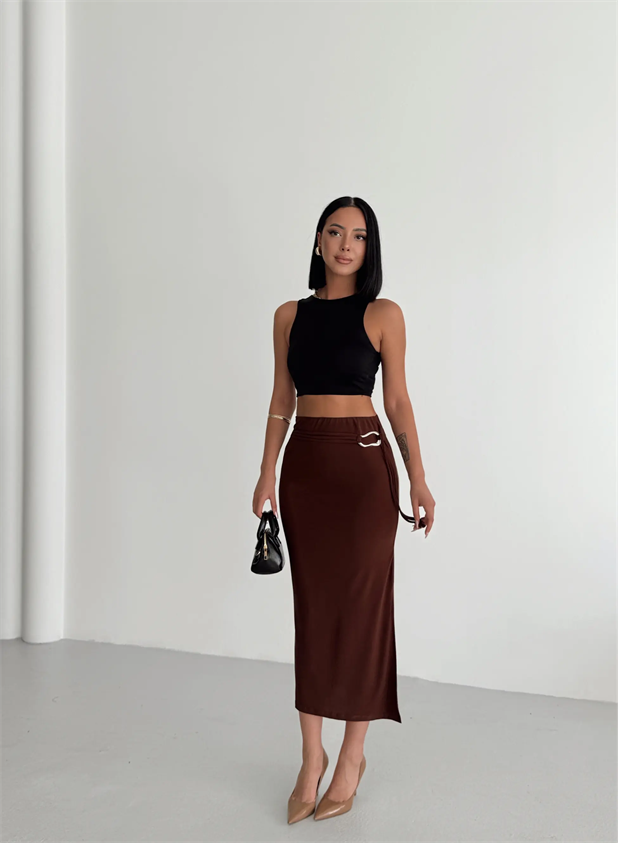 Tokalı Midi Etek  - Kahve