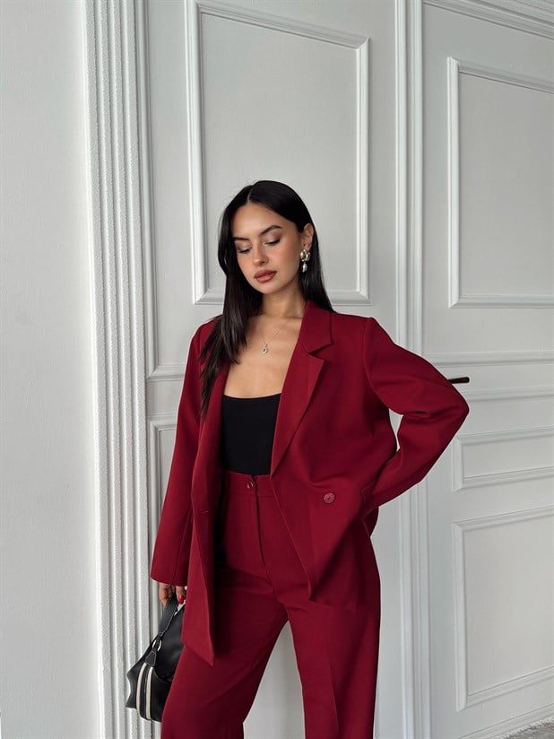Çift Düğme Oversize Blazer  - Bordo