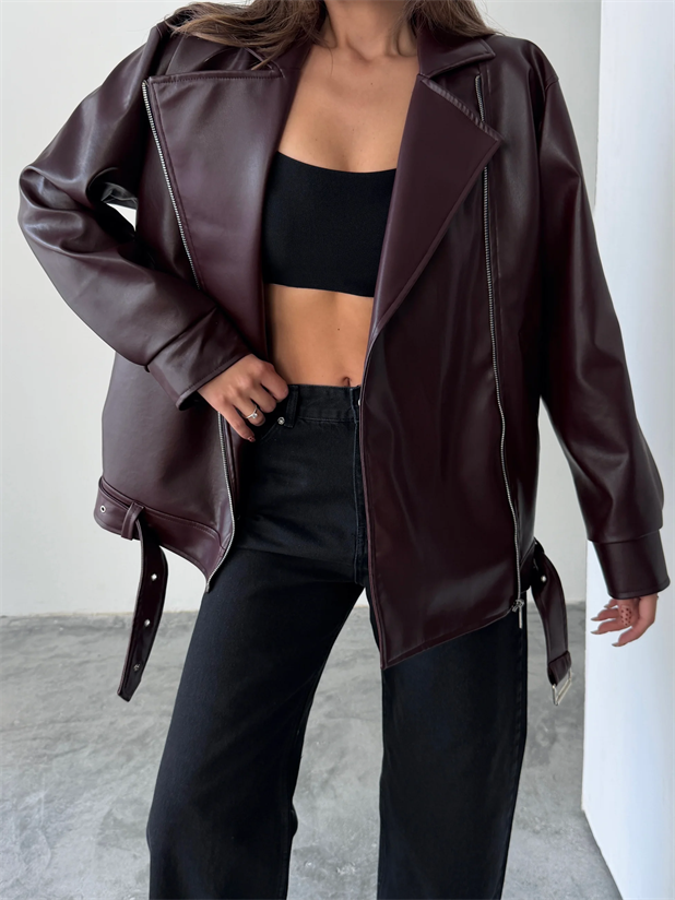 Kemerli Oversize Deri Ceket  - Bordo