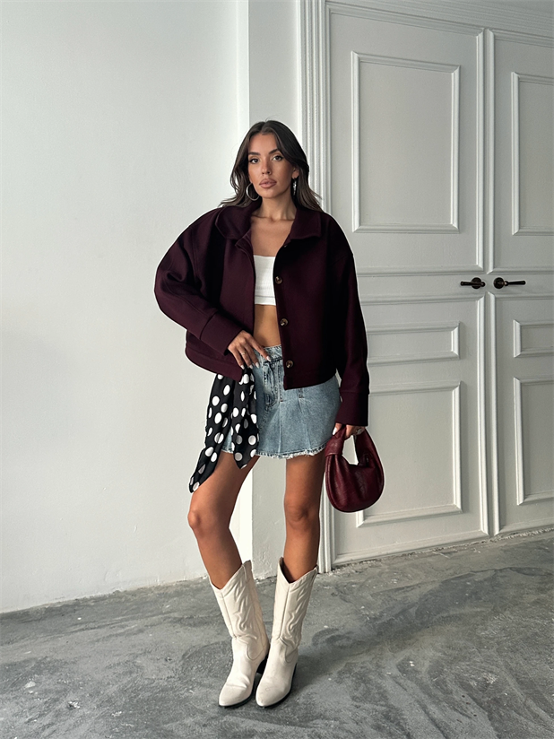 Kaşe Crop Mont - Mürdüm