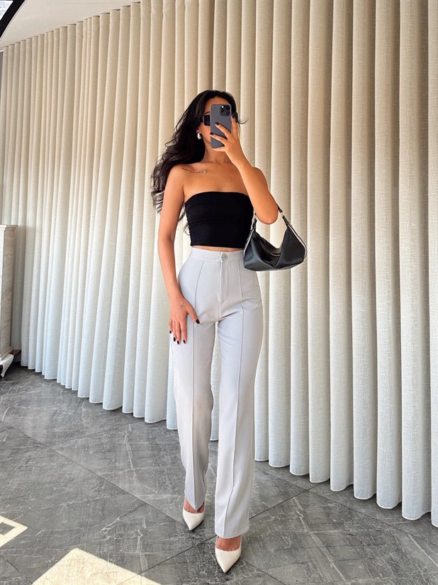 Ön Dikiş Boru Paça Kumaş Pantolon - Gri