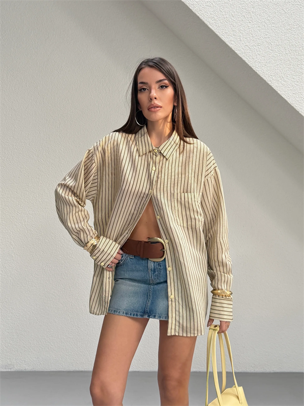 Çizgili Oversize Gömlek - Sarı