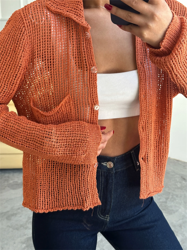 Elena Triko Ajur Hırka Kiremit - Kiremit