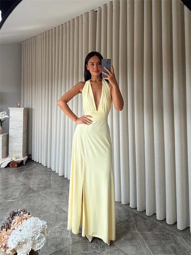 Bel Ve Boyun Bağlamalı Elbise - Sarı