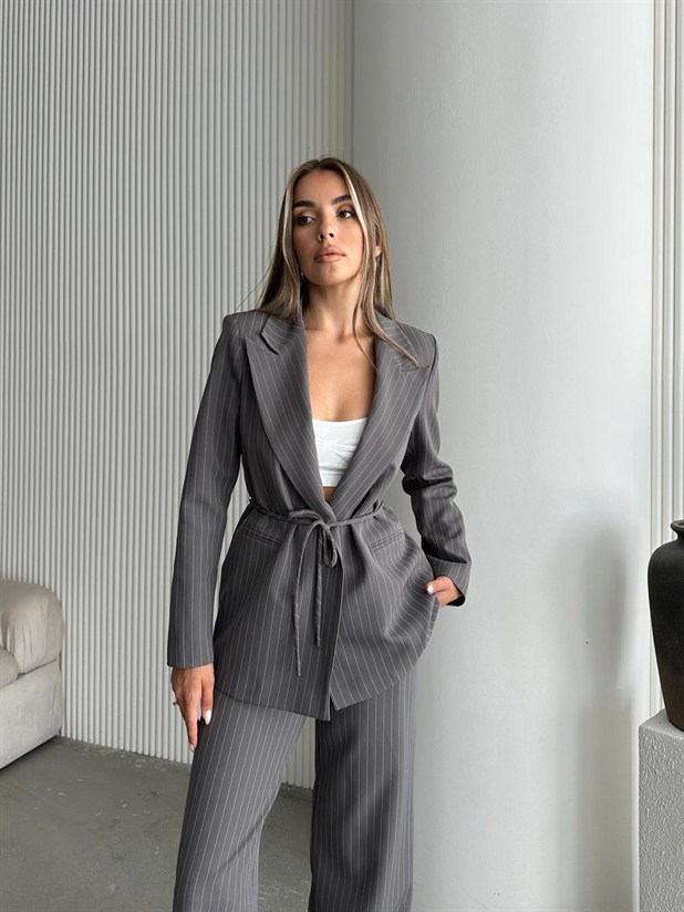Bel Bağlama Line Blazer Ceket - Füme