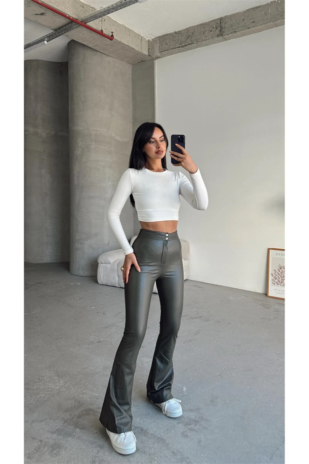 Çift Düğme Deri İspanyol Paça Pantolon Haki Yeşil - Haki Yeşil