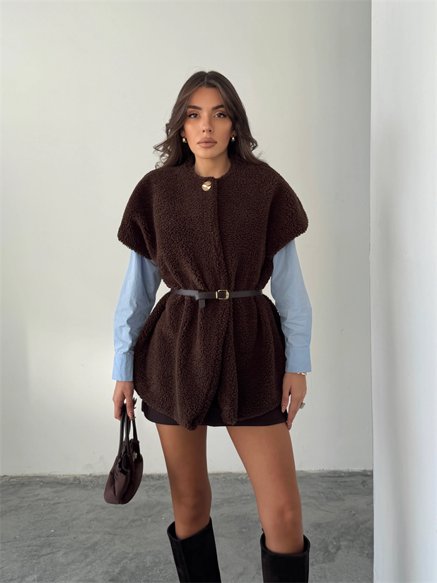 Kemerli Kürk Yelek - Kahverengi