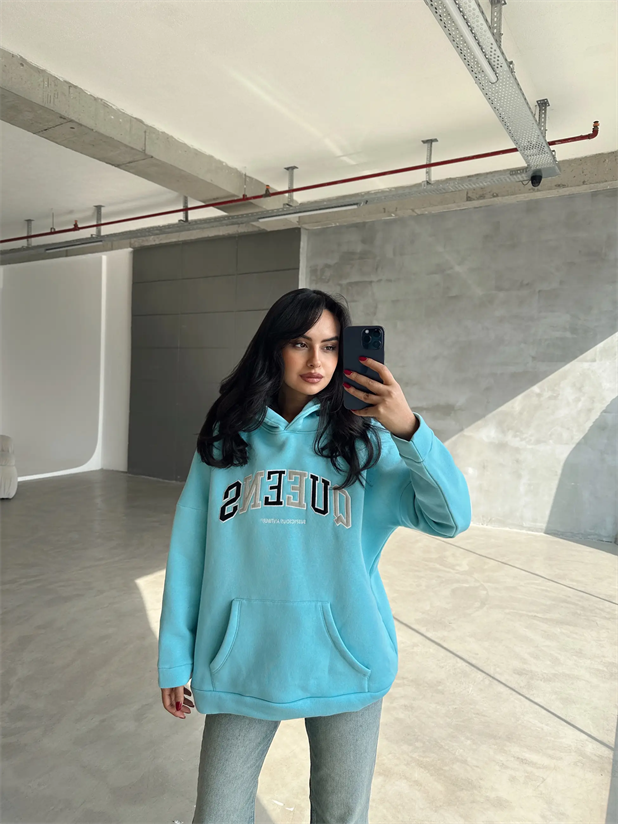Queens Üç İplik Kapüşonlu Oversize Sweat Mavi - Mavi