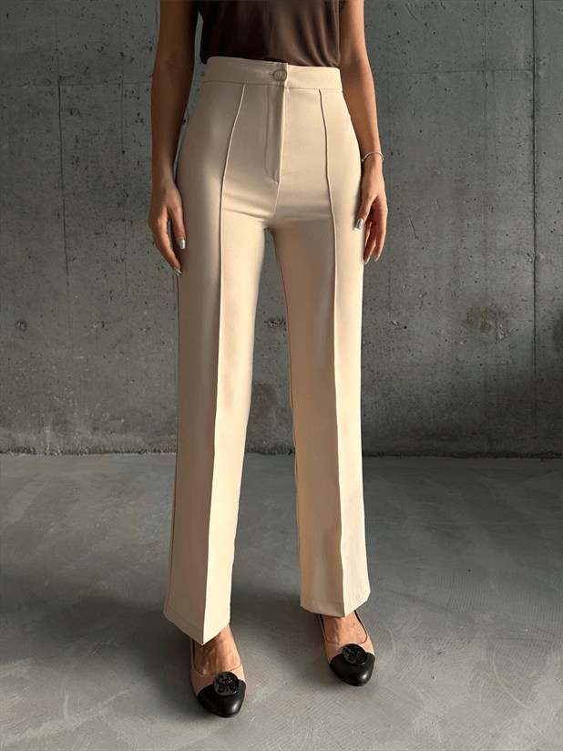 Ön Dikiş Boru Paça Kumaş Pantolon - Taş