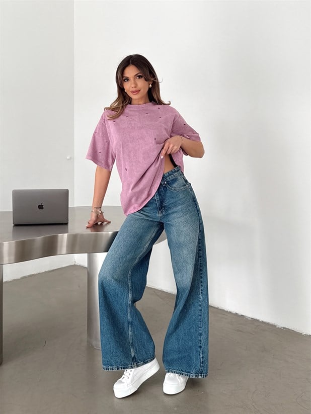 Delikli Yıkama T-shirt - Lila